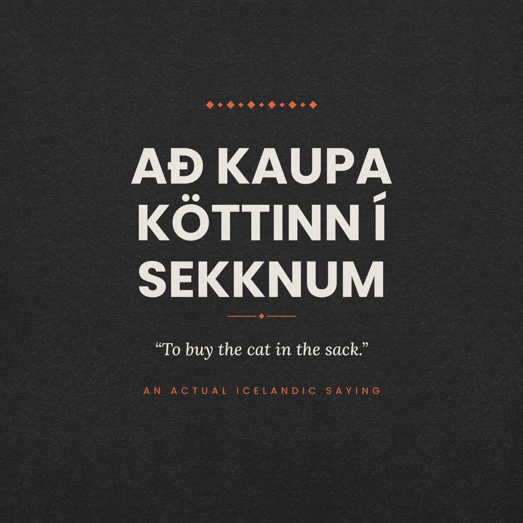 Close-up of the Að kaupa köttinn í sekknum front print, showing cream lettering, English translation and coral accents on Black Heather fabric.