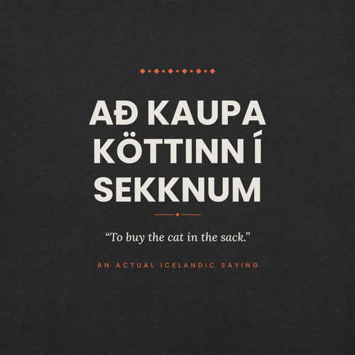 Close-up of the Að kaupa köttinn í sekknum front print, showing cream lettering, English translation and coral accents on Black Heather fabric.
