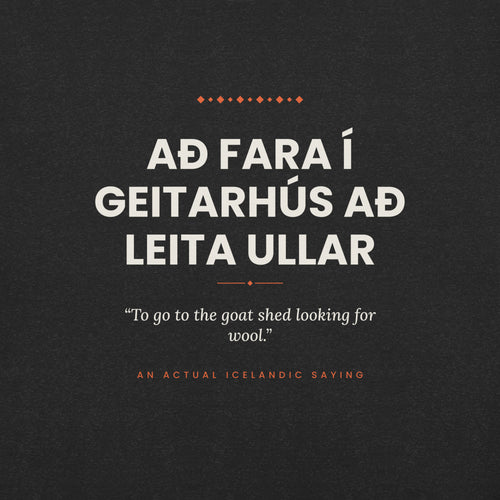 Close-up of the Að fara í geitarhús að leita ullar front print, showing cream lettering, English translation and coral accents on Black Heather fabric.