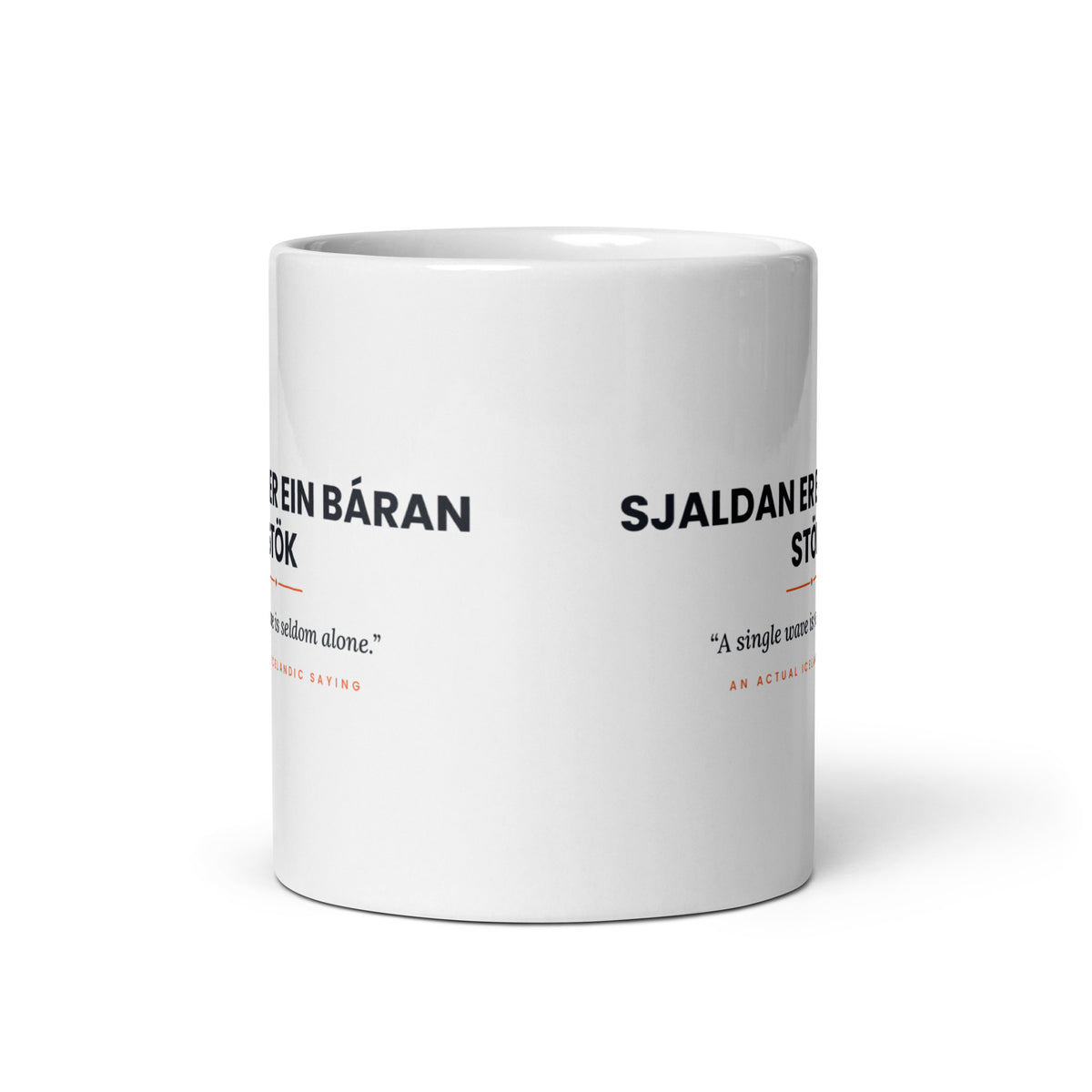 View opposite the handle of the white 11 oz Sjaldan er ein báran stök mug, showing the gap between the two repeats of the design.