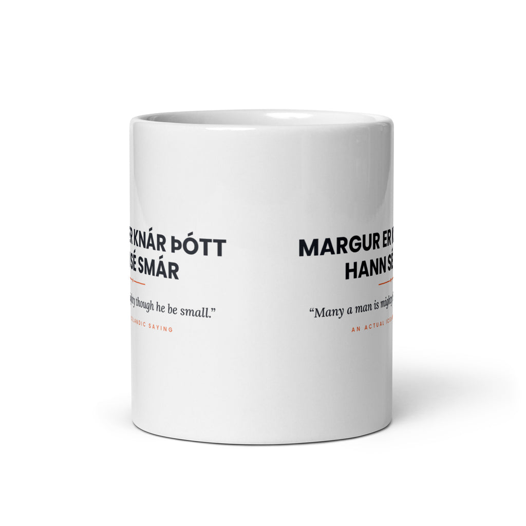 View opposite the handle of the white 11 oz Margur er knár þótt hann sé smár mug, showing the gap between the two repeats of the design.