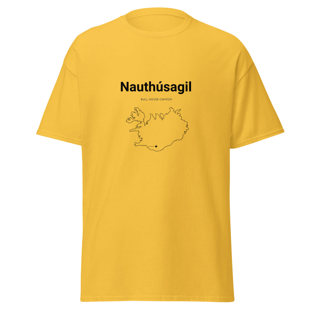 Front view of the Daisy Nauthúsagil T-shirt, showing the Nauthúsagil lettering and map of Iceland.