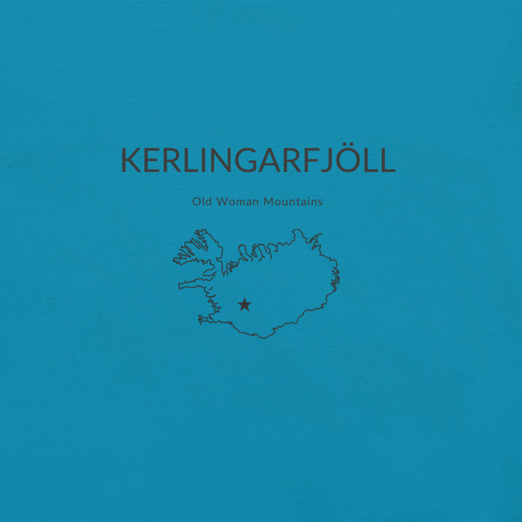 Close-up of the Kerlingarfjöll front print on the Aqua T-shirt, showing the place name, English translation and map of Iceland.