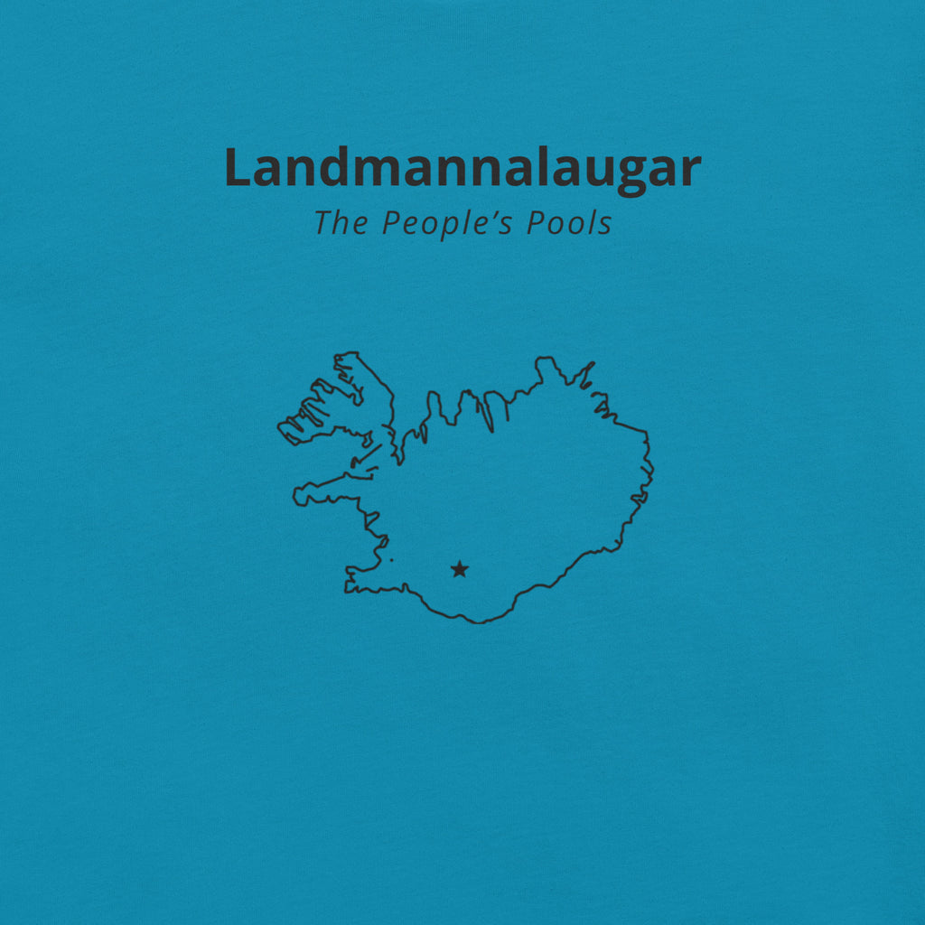 Close-up of the Landmannalaugar front print on the Aqua T-shirt, showing the place name, English translation and map of Iceland.