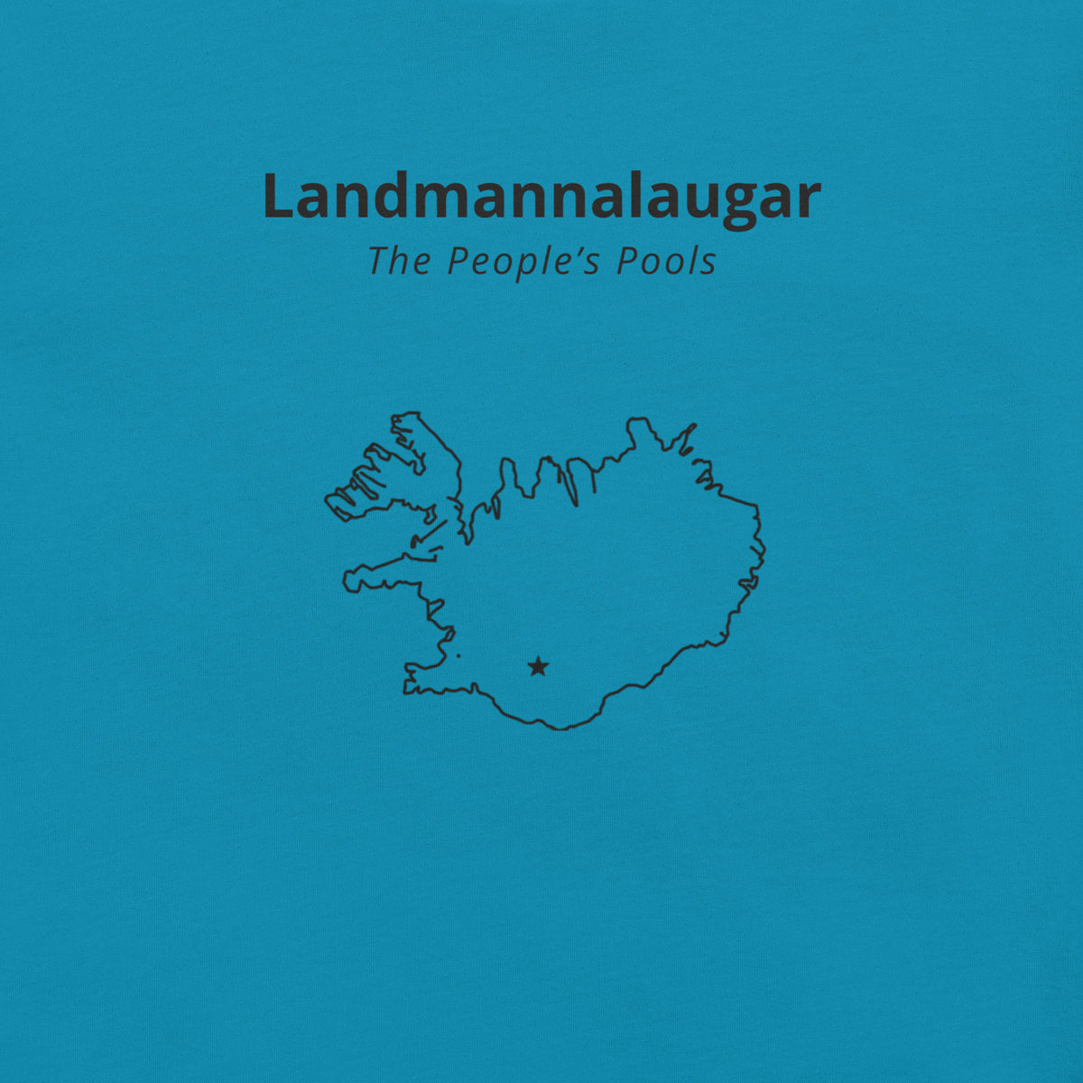 Close-up of the Landmannalaugar front print on the Aqua T-shirt, showing the place name, English translation and map of Iceland.