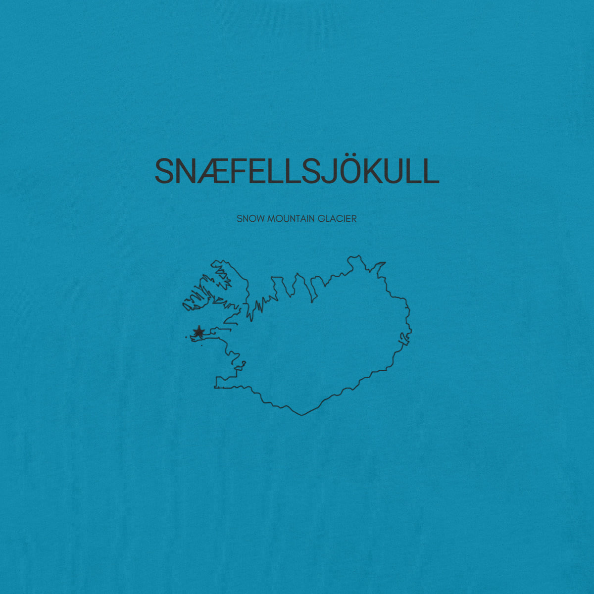 Close-up of the Snæfellsjökull front print on the Aqua T-shirt, showing the place name, English translation and map of Iceland.
