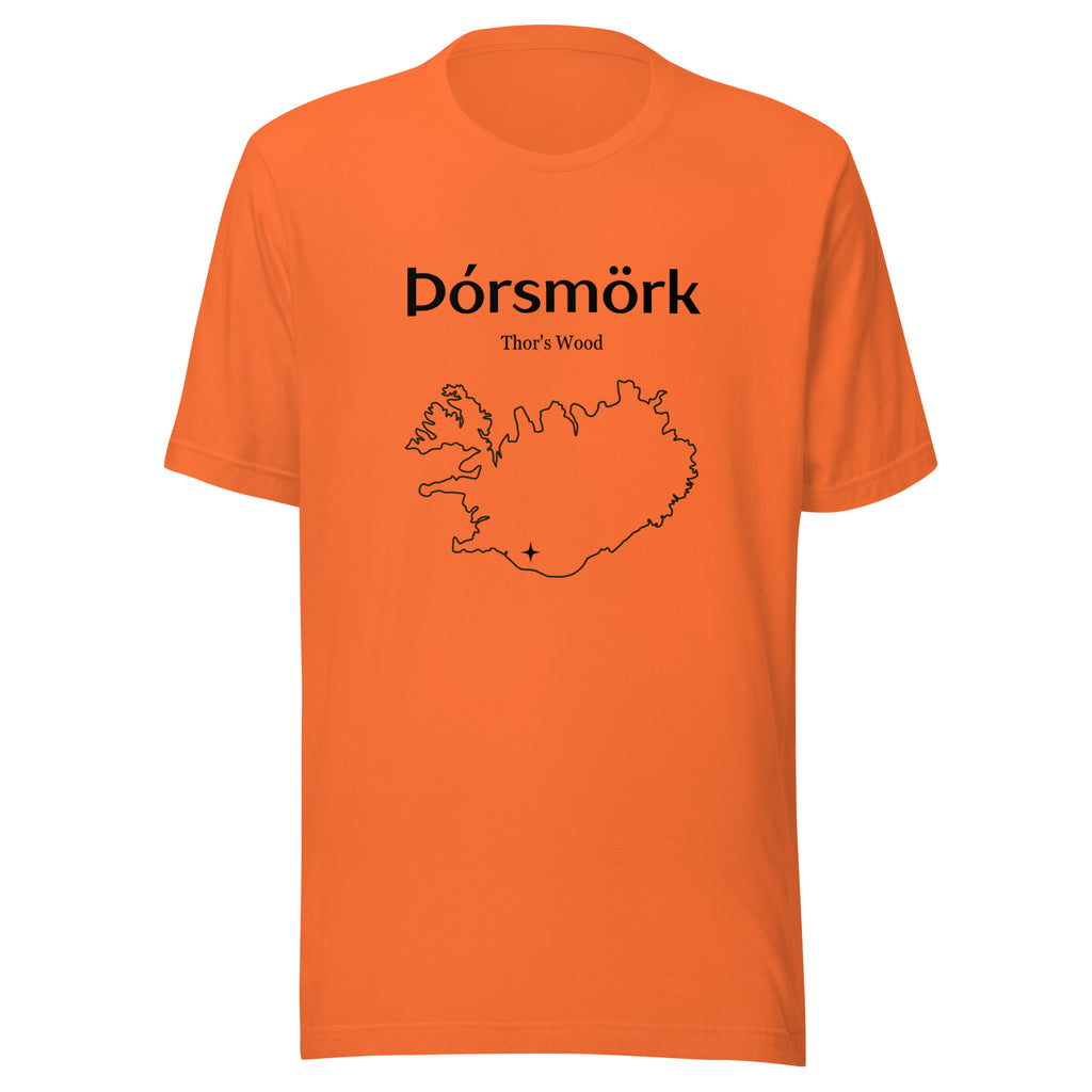 Front view of the Orange Þórsmörk T-shirt, showing the front print.