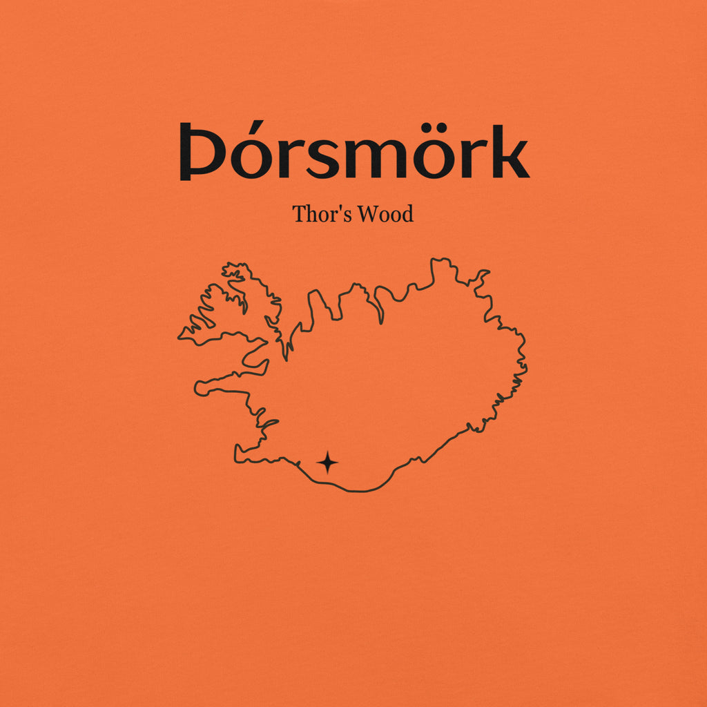 Close-up of the Þórsmörk front print on the Orange T-shirt, showing the place name, English translation and map of Iceland.