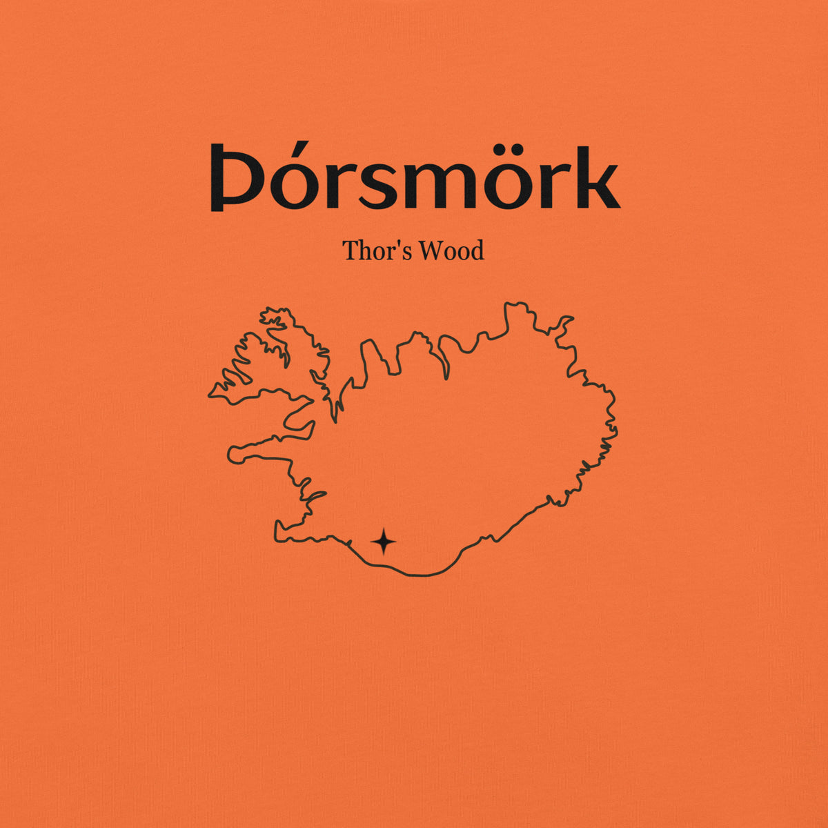 Close-up of the Þórsmörk front print on the Orange T-shirt, showing the place name, English translation and map of Iceland.