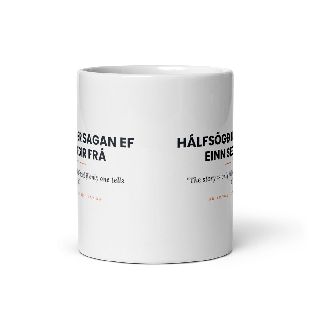 View opposite the handle of the white 11 oz Hálfsögð er sagan ef einn segir frá mug, showing the gap between the two repeats of the design.