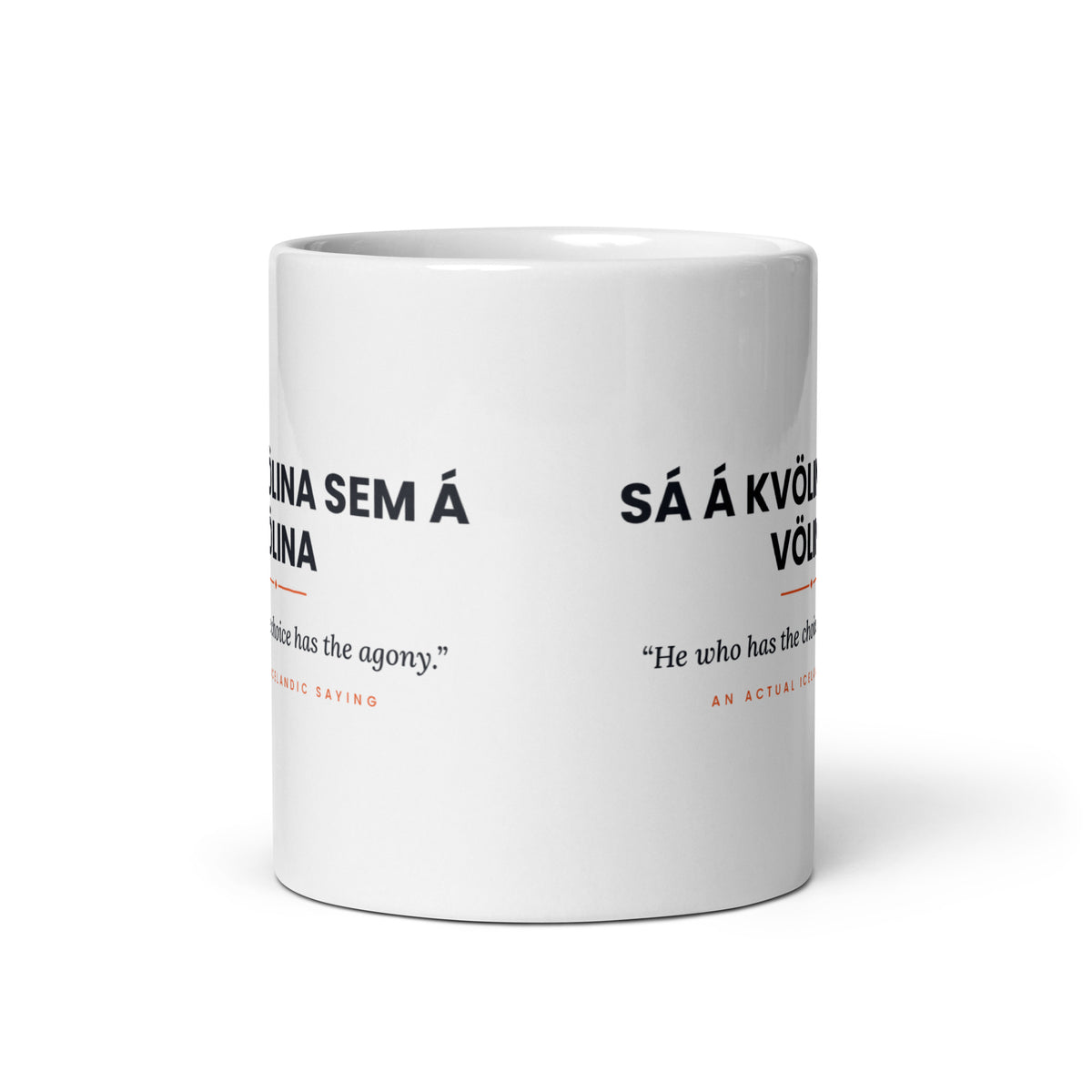 View opposite the handle of the white 11 oz Sá á kvölina sem á völina mug, showing the gap between the two repeats of the design.