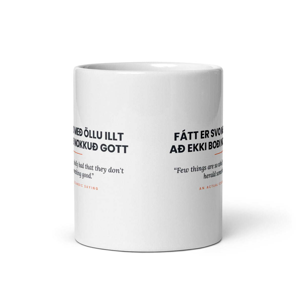 View opposite the handle of the white 11 oz Fátt er svo með öllu illt að ekki boði nokkuð gott mug, showing the gap between the two repeats of the design.