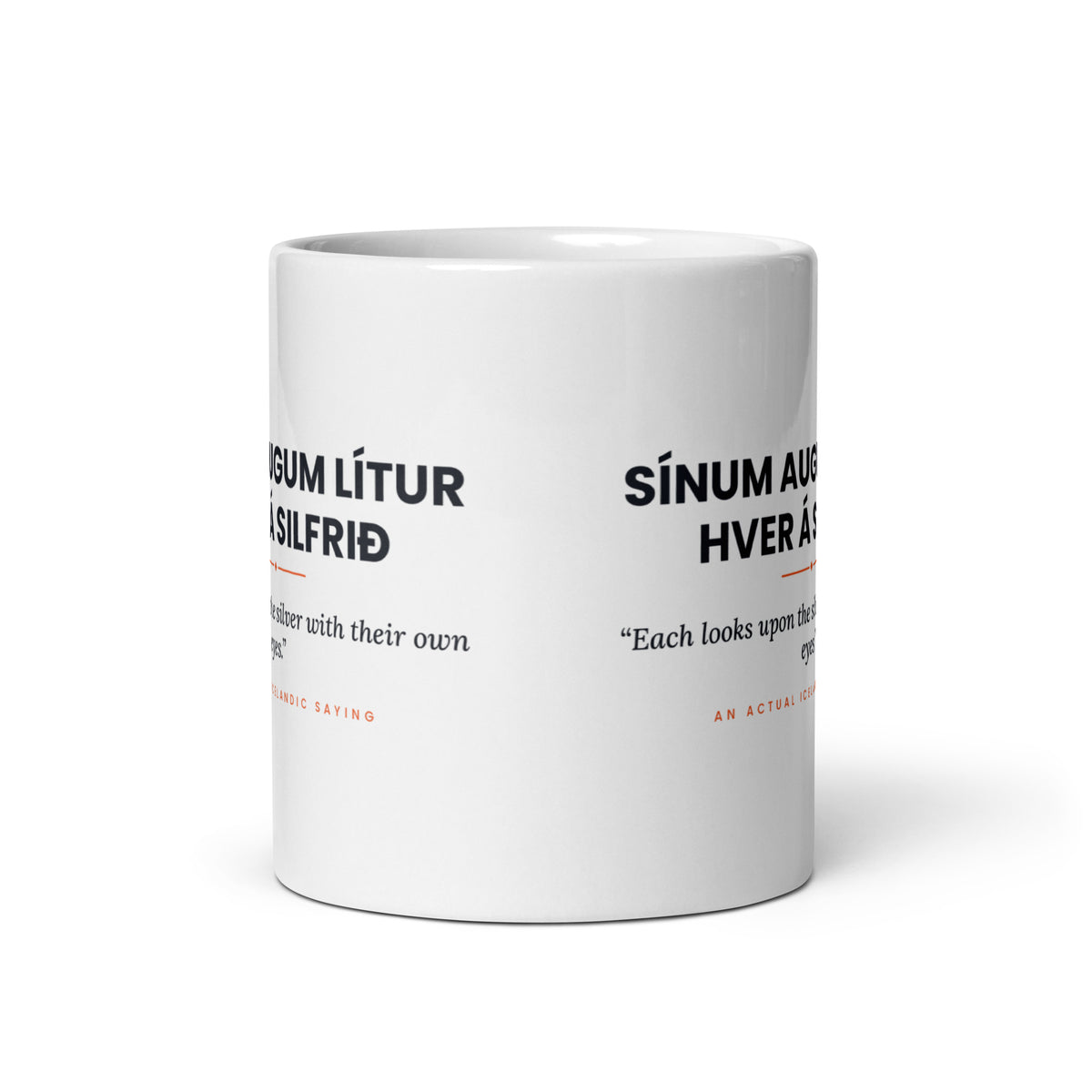 View opposite the handle of the white 11 oz Sínum augum lítur hver á silfrið mug, showing the gap between the two repeats of the design.