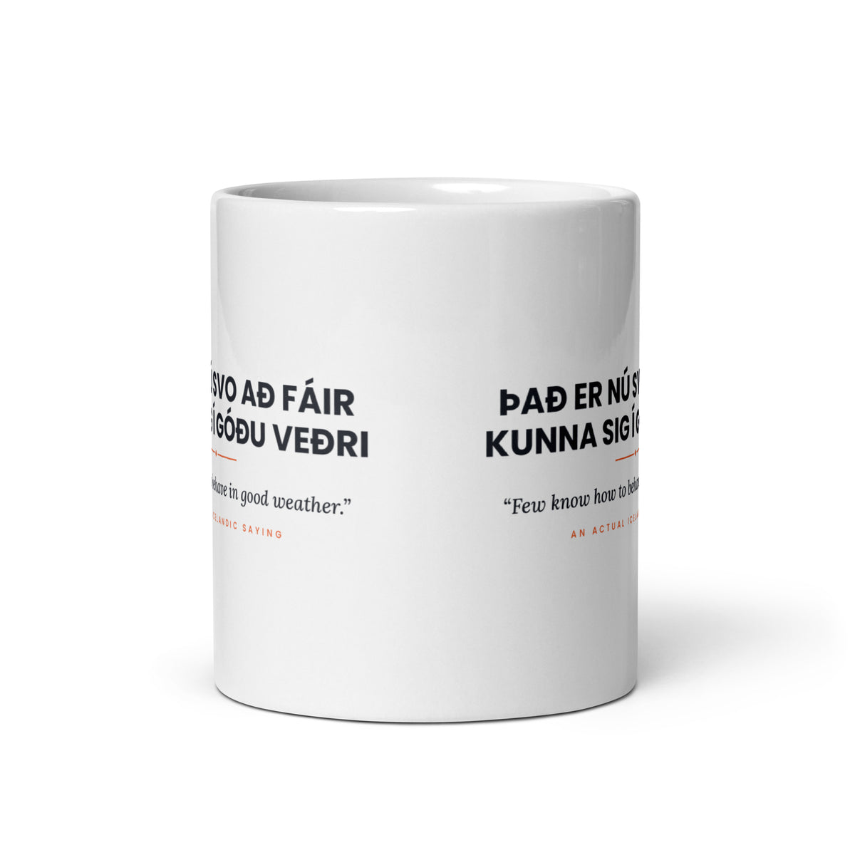 View opposite the handle of the white 11 oz Það er nú svo að fáir kunna sig í góðu veðri mug, showing the gap between the two repeats of the design.
