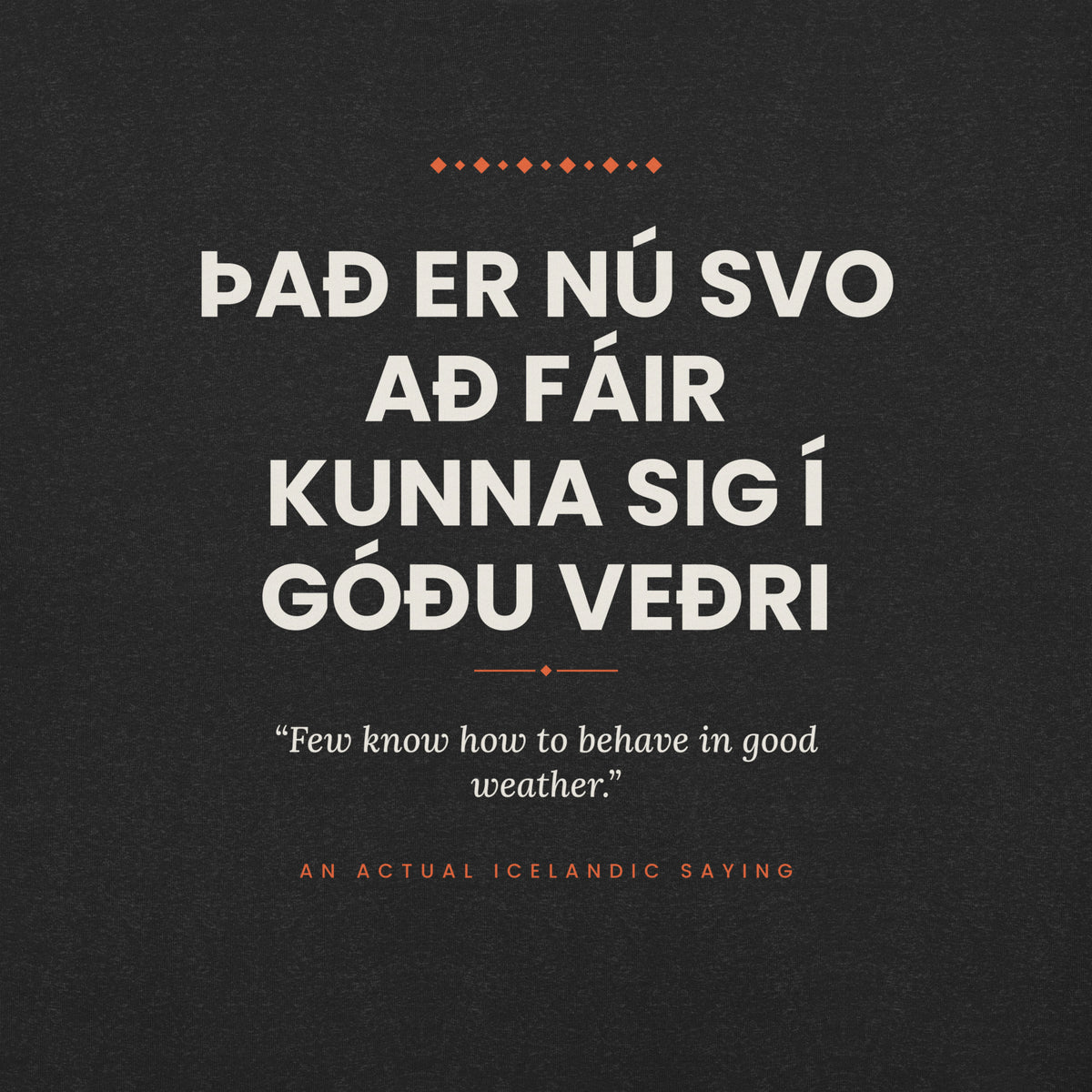 Close-up of the Það er nú svo að fáir kunna sig í góðu veðri front print, showing cream lettering, English translation and coral accents on Black Heather fabric.
