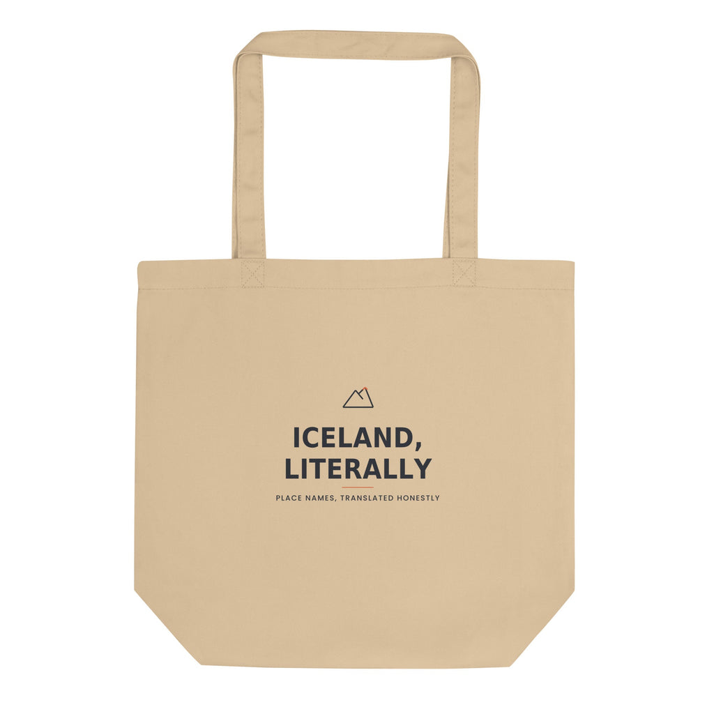 Front view of the Oyster Iceland, Literally tote, showing its handles and printed design.