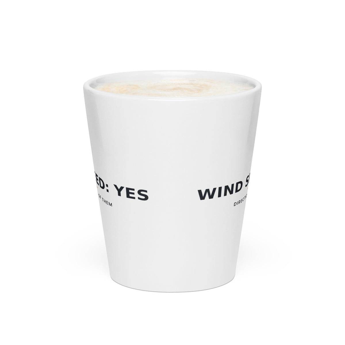 Wind Speed: Yes — Iceland Latte Mug — white tapered 12 oz latte mug, front view showing the printed wrap