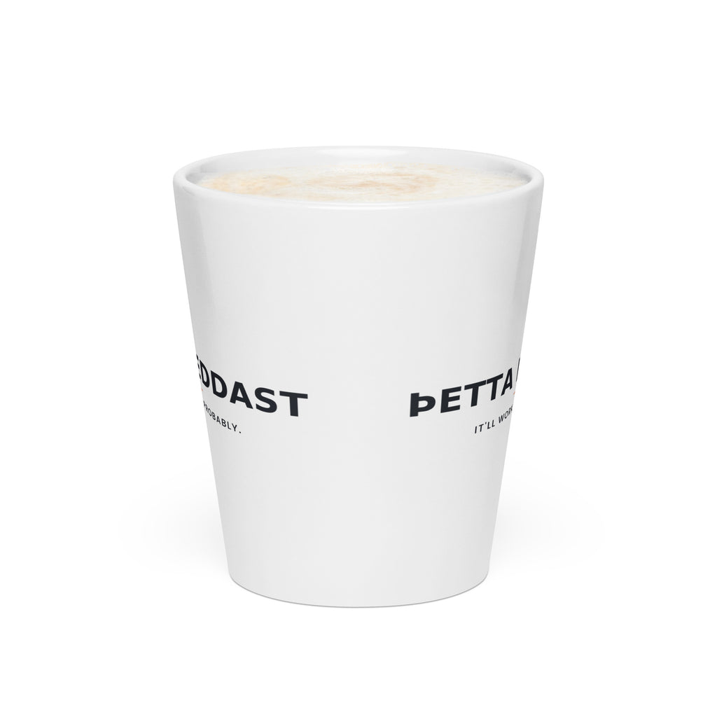 Þetta reddast — Iceland Latte Mug — white tapered 12 oz latte mug, front view showing the printed wrap