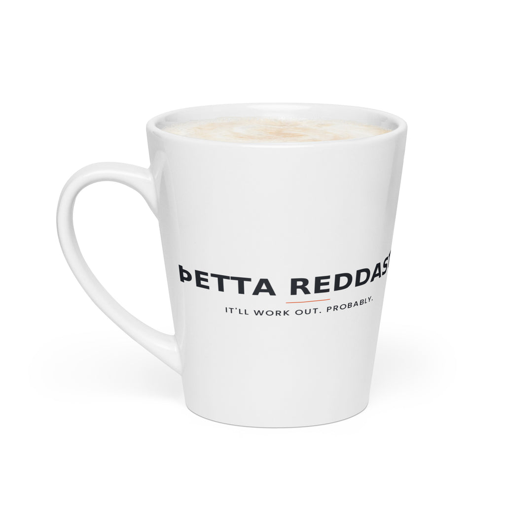 Þetta reddast — Iceland Latte Mug — white tapered 12 oz latte mug, left view showing the printed wrap
