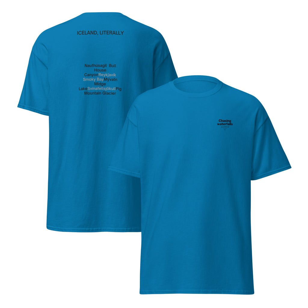 Front and back views of the Sapphire Iceland, Literally T-shirt, showing the small chest logo and place-name translations on the back.