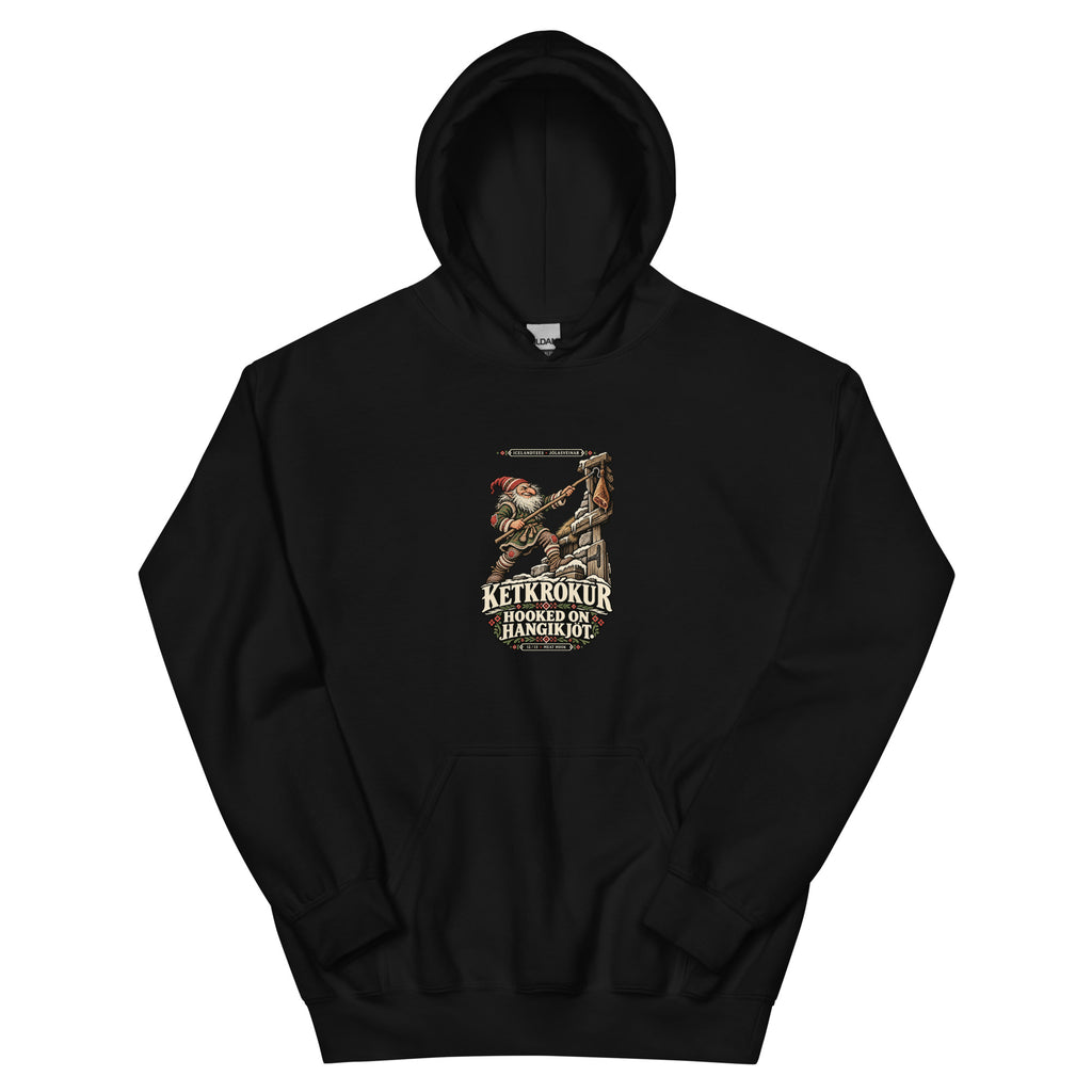 Ketkrókur vintage Icelandic Yule Lad design on a black hoodie, front view
