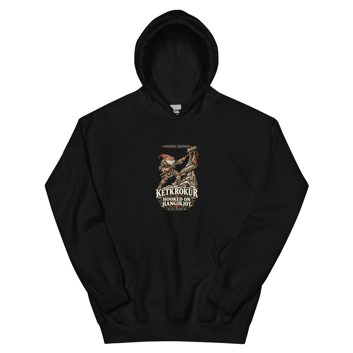 Ketkrókur vintage Icelandic Yule Lad design on a black hoodie, front view