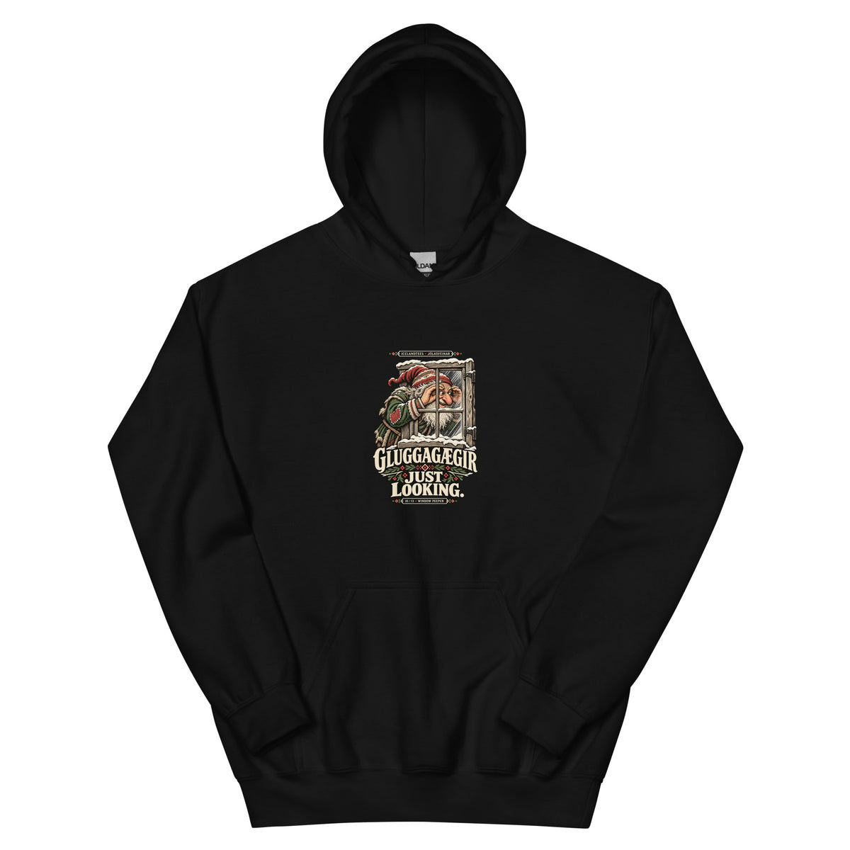 Gluggagægir vintage Icelandic Yule Lad design on a black hoodie, front view