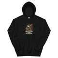 Bjúgnakrækir vintage Icelandic Yule Lad design on a black hoodie, front view