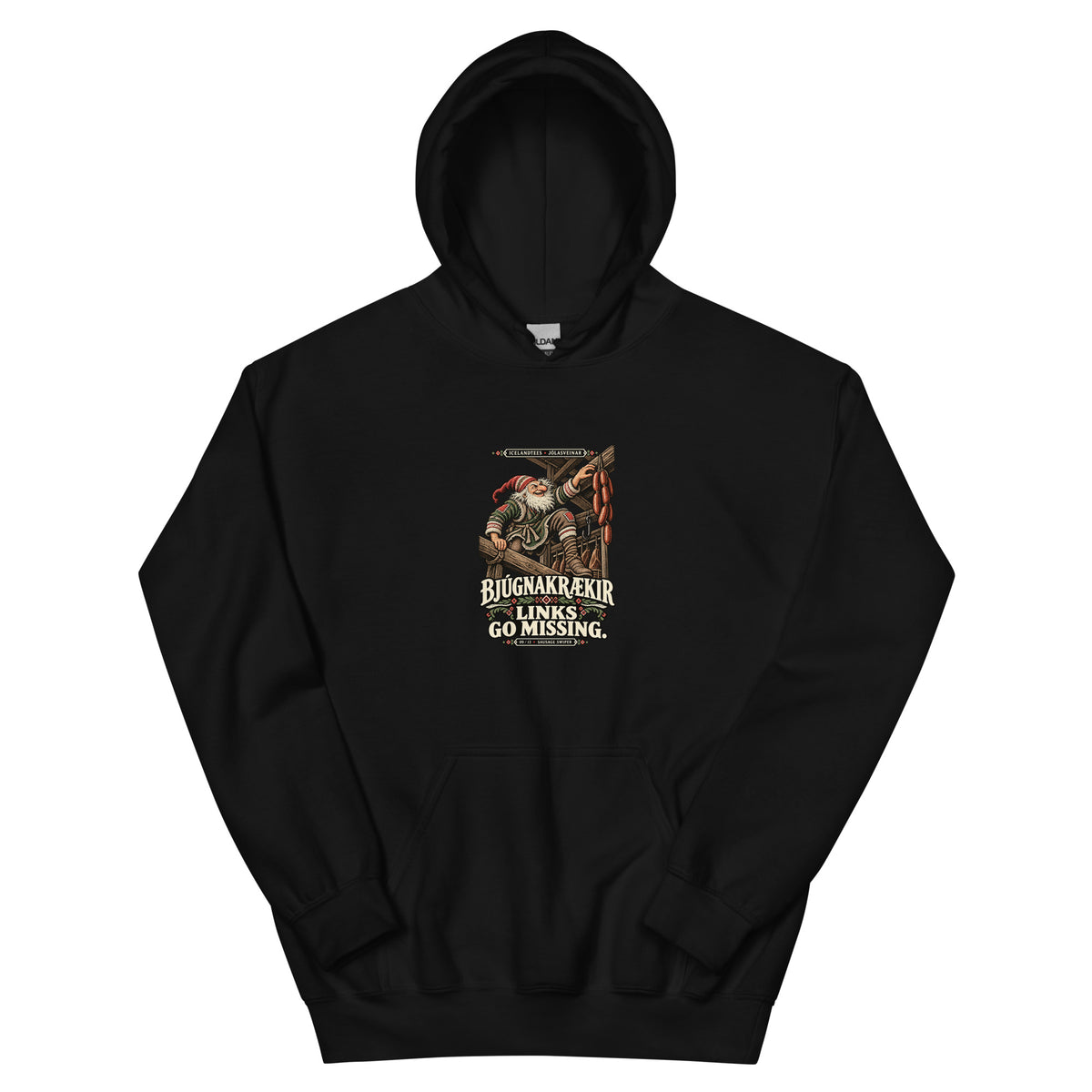 Bjúgnakrækir vintage Icelandic Yule Lad design on a black hoodie, front view