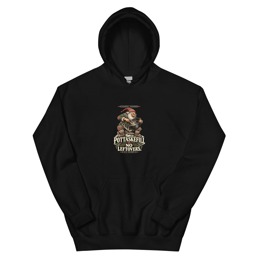 Pottaskefill vintage Icelandic Yule Lad design on a black hoodie, front view