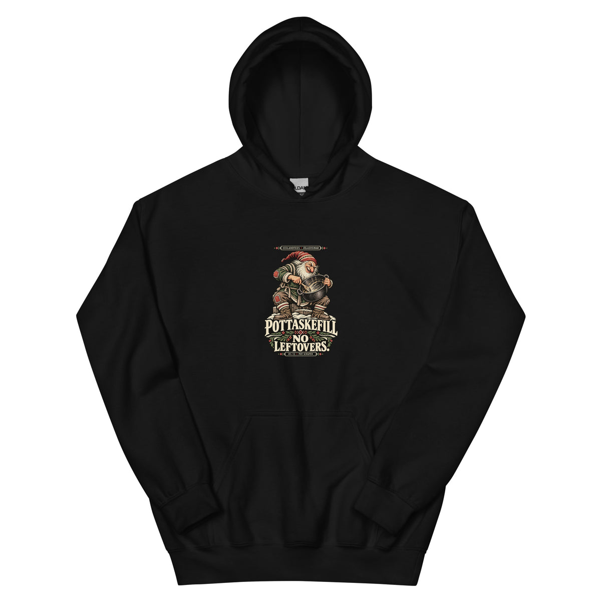 Pottaskefill vintage Icelandic Yule Lad design on a black hoodie, front view