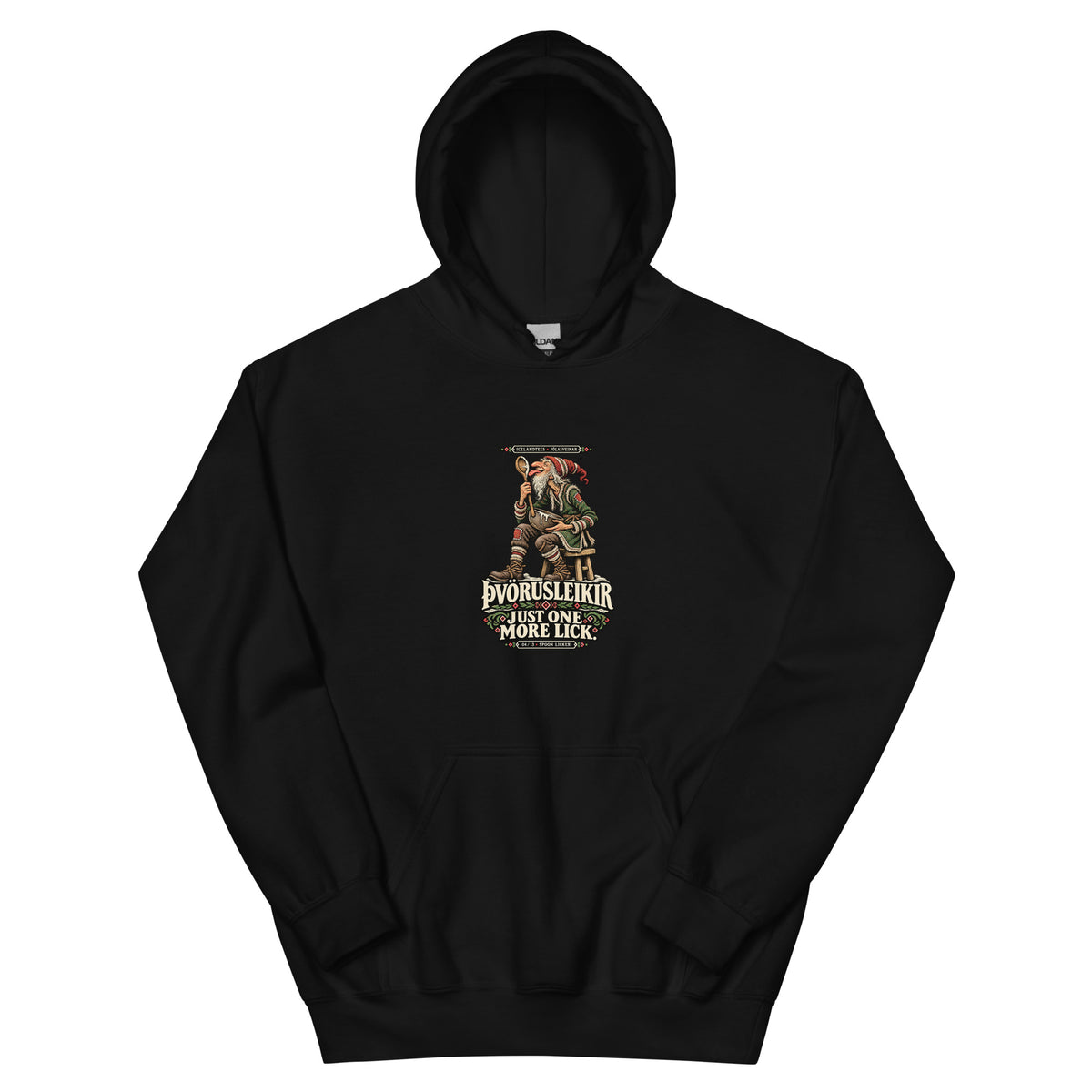 Þvörusleikir vintage Icelandic Yule Lad design on a black hoodie, front view