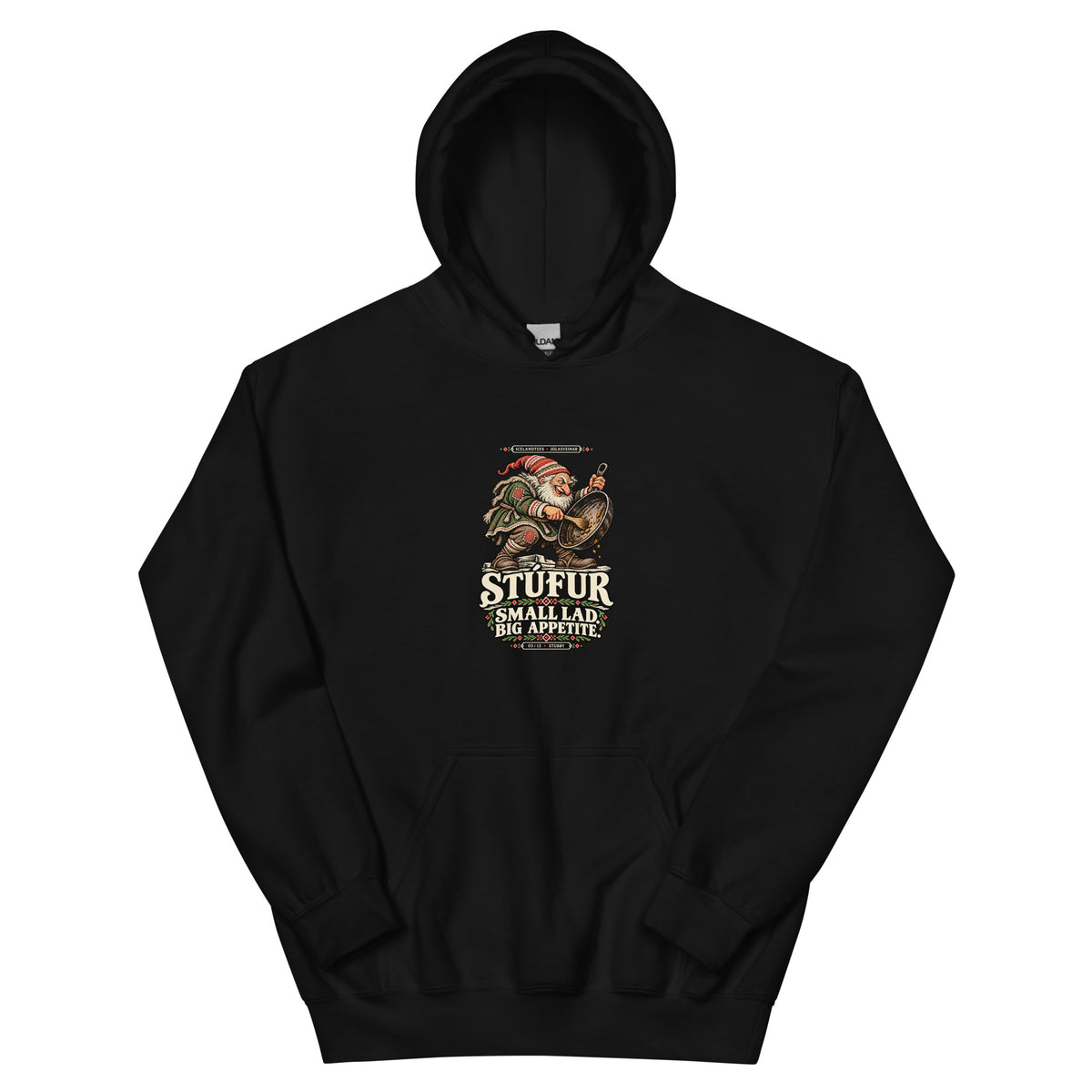 Stúfur vintage Icelandic Yule Lad design on a black hoodie, front view