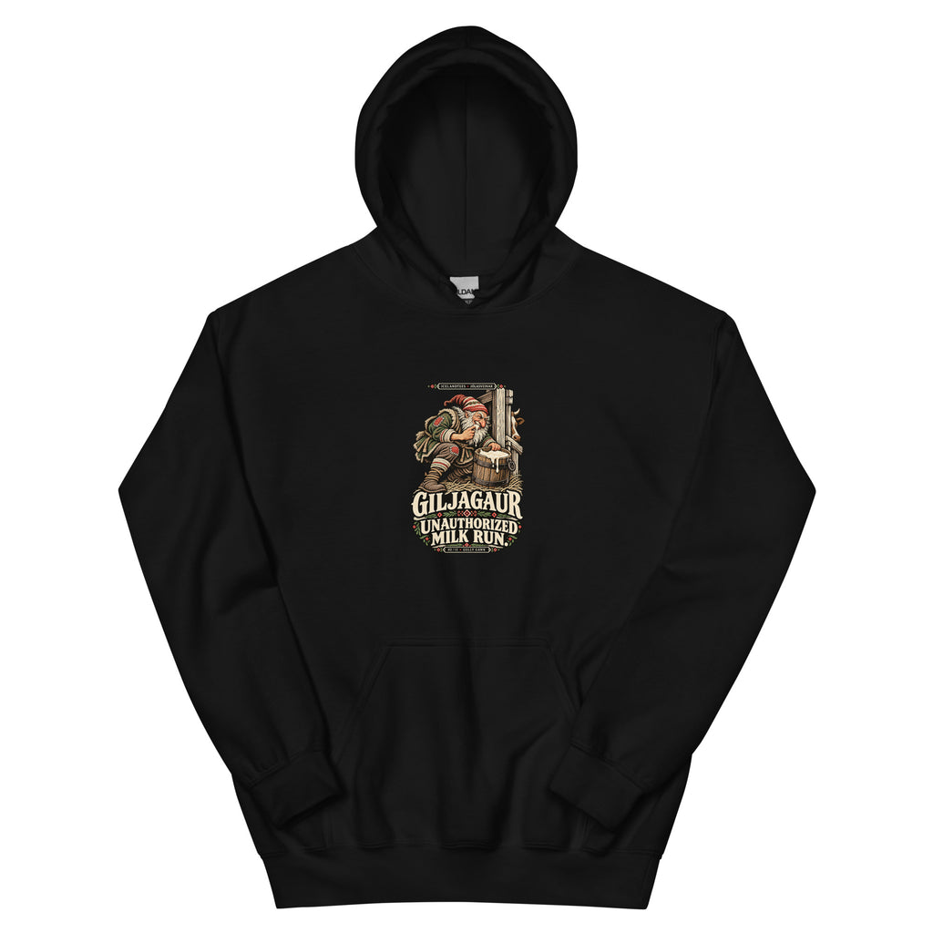 Giljagaur vintage Icelandic Yule Lad design on a black hoodie, front view