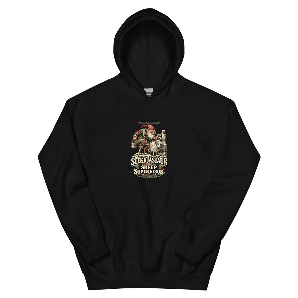 Stekkjastaur vintage Icelandic Yule Lad design on a black hoodie, front view