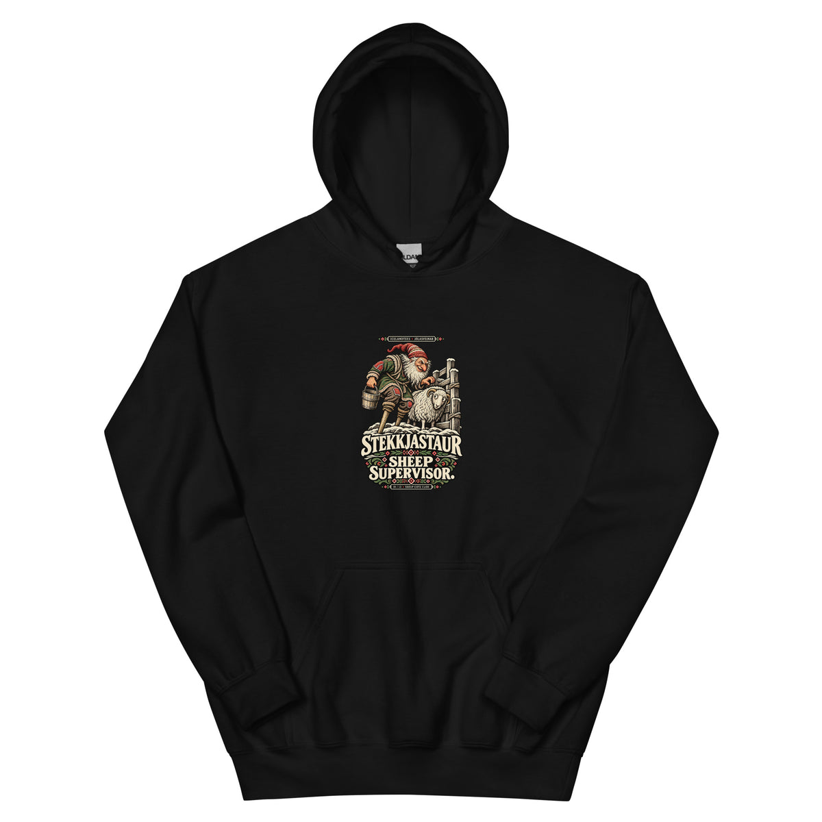 Stekkjastaur vintage Icelandic Yule Lad design on a black hoodie, front view