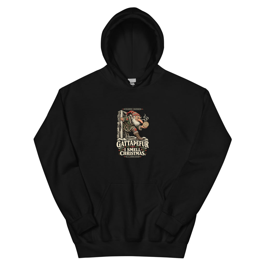Gáttaþefur vintage Icelandic Yule Lad design on a black hoodie, front view