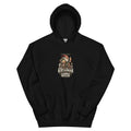 Kertasníkir Candle Beggar vintage Yule Lad design on a black Gildan 18500 hoodie, front view.