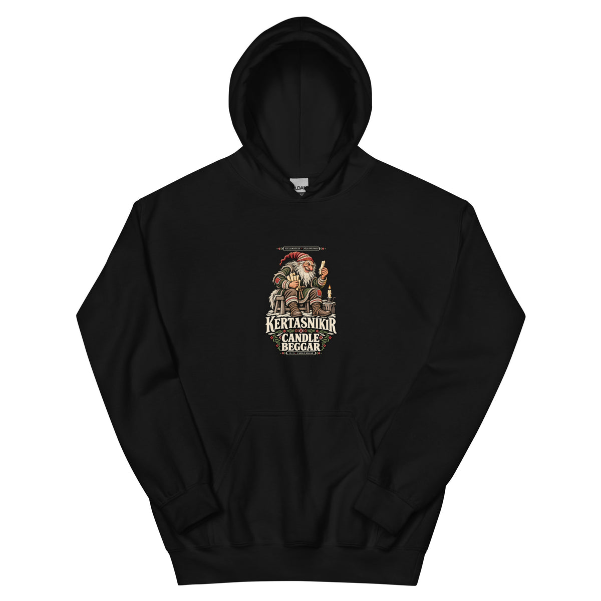 Kertasníkir Candle Beggar vintage Yule Lad design on a black Gildan 18500 hoodie, front view.