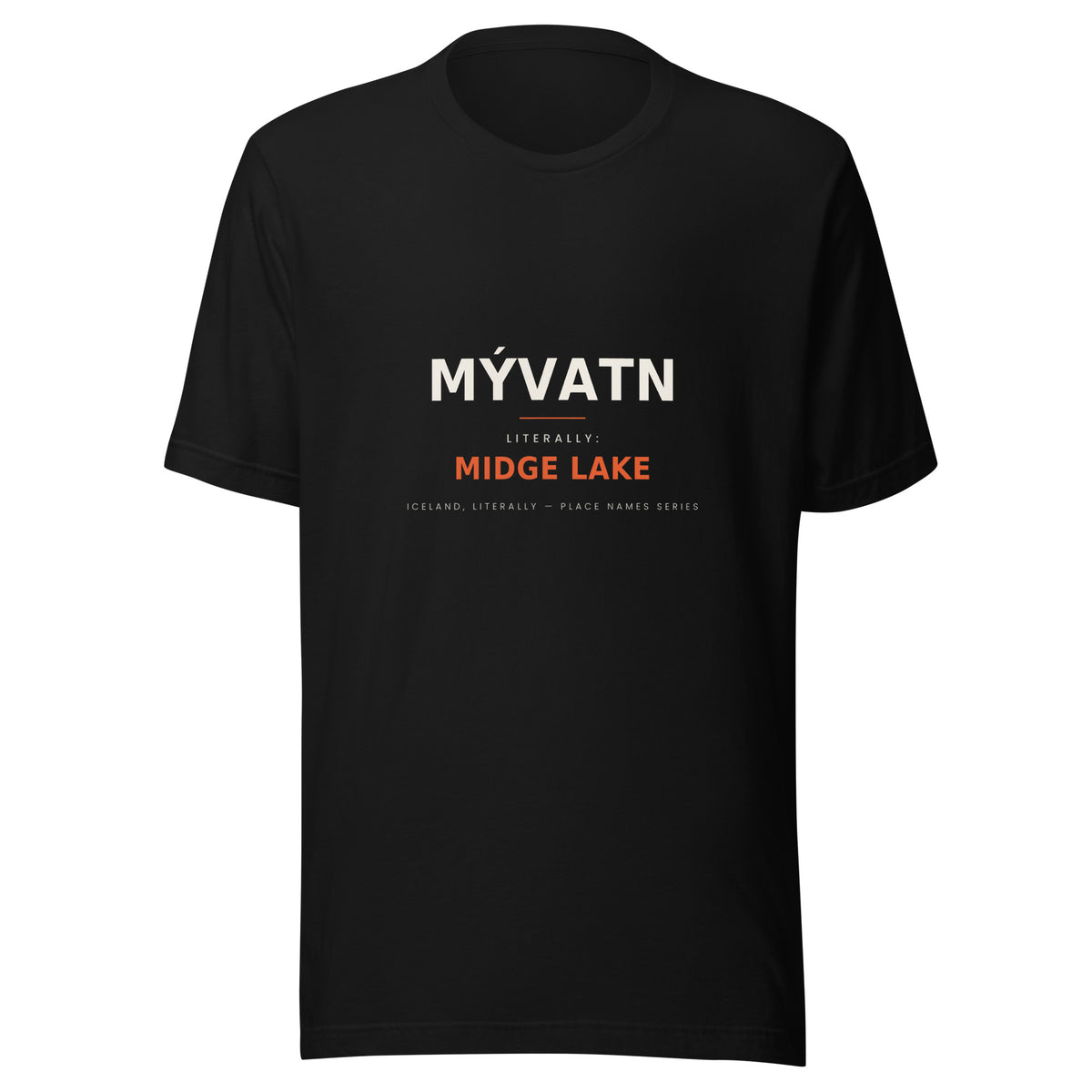 Front view of the Black Mývatn T-shirt, showing the front print.