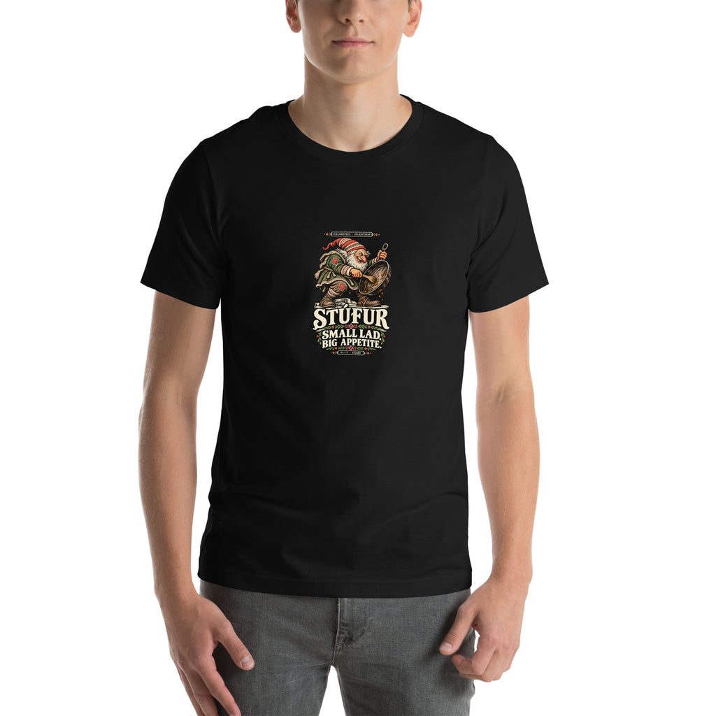 Stúfur vintage Icelandic Yule Lad design on a black tee, front view