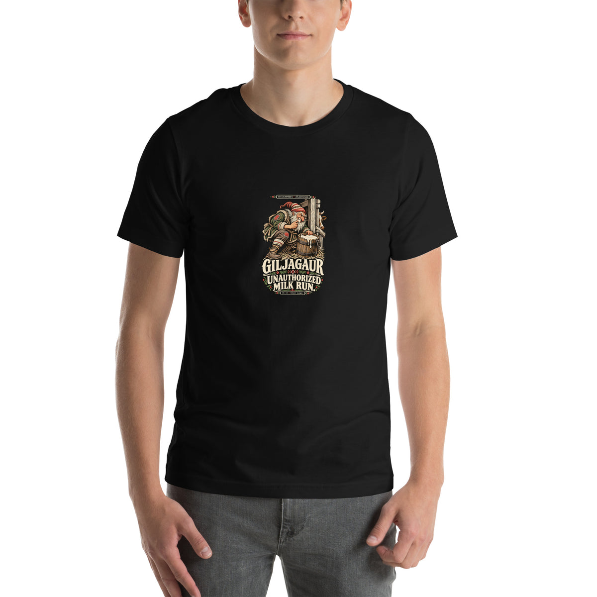 Giljagaur vintage Icelandic Yule Lad design on a black tee, front view