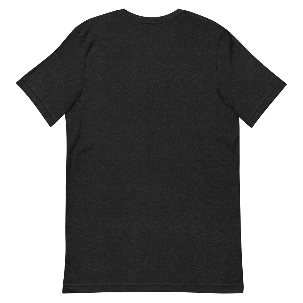 Back view of the Black Heather In Skyr We Trust T-shirt, showing the plain, unprinted back.