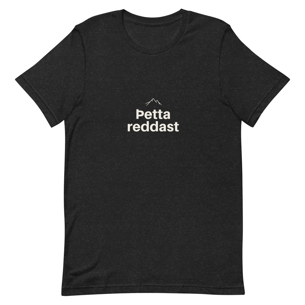 Front view of the Black Heather Þetta reddast T-shirt, showing the front print.