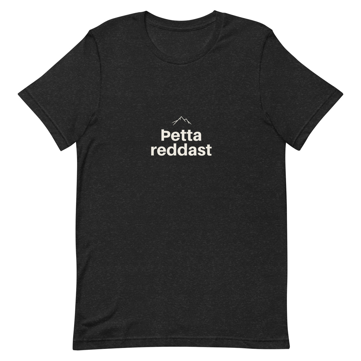Front view of the Black Heather Þetta reddast T-shirt, showing the front print.