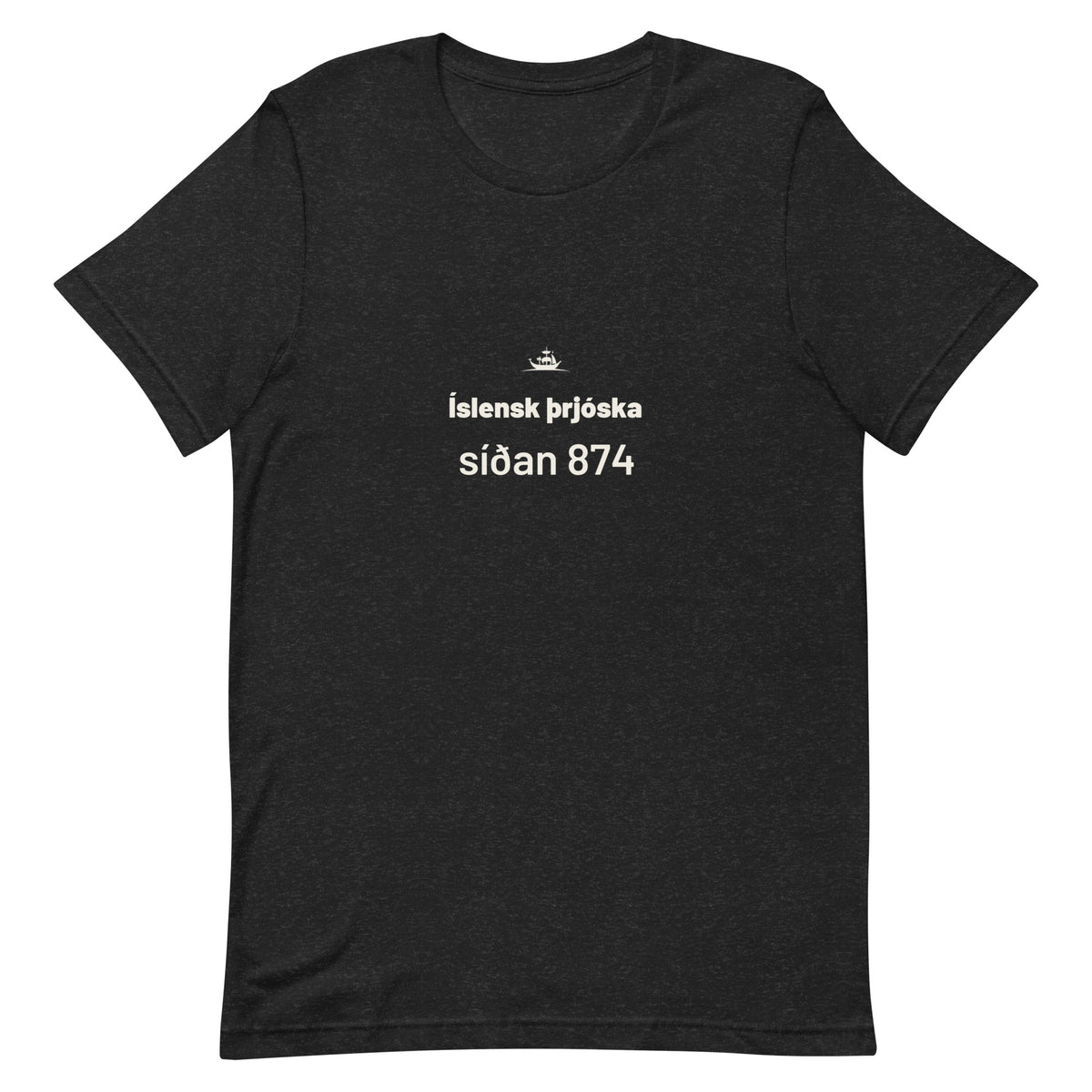 Front view of the Black Heather Íslensk þrjóska síðan 874 T-shirt, showing the front print.