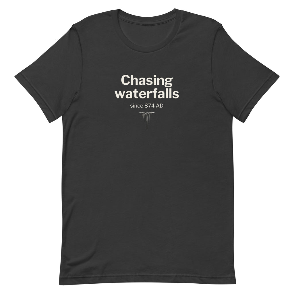 Front view of the Dark Grey Chasing Waterfalls Since 874 AD T-shirt, showing the front print.