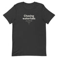 Front view of the Dark Grey Chasing Waterfalls Since 874 AD T-shirt, showing the front print.