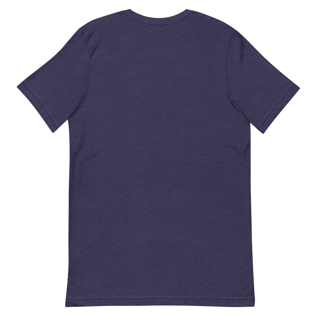 Back view of the Heather Midnight Navy Chasing Waterfalls Since 874 AD T-shirt, showing the plain, unprinted back.