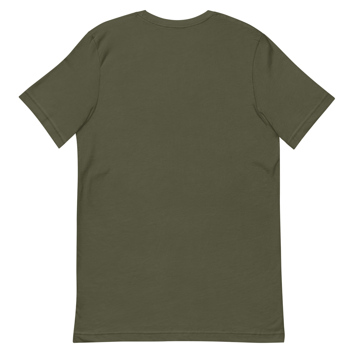 Back view of the Military Green Chasing Waterfalls Since 874 AD T-shirt, showing the plain, unprinted back.
